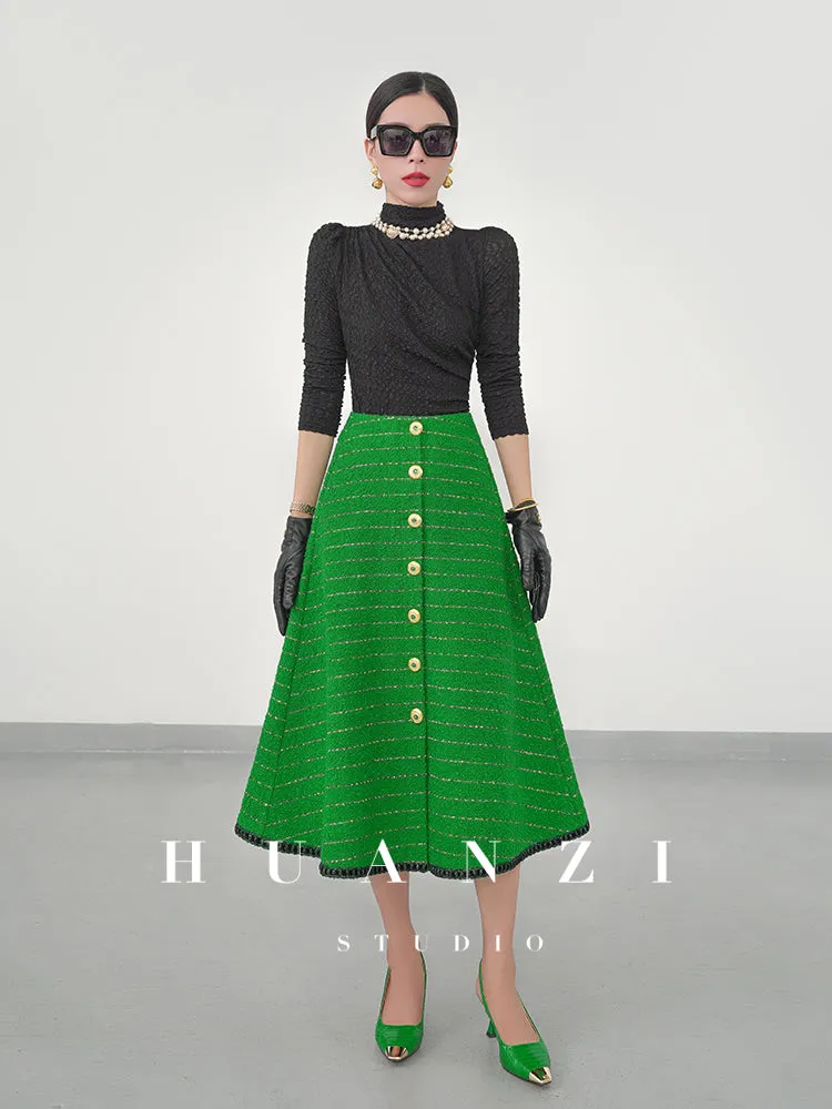 Huanzi  tweed wool small suit autumn and winter new green short coat suit set- Lilibeth