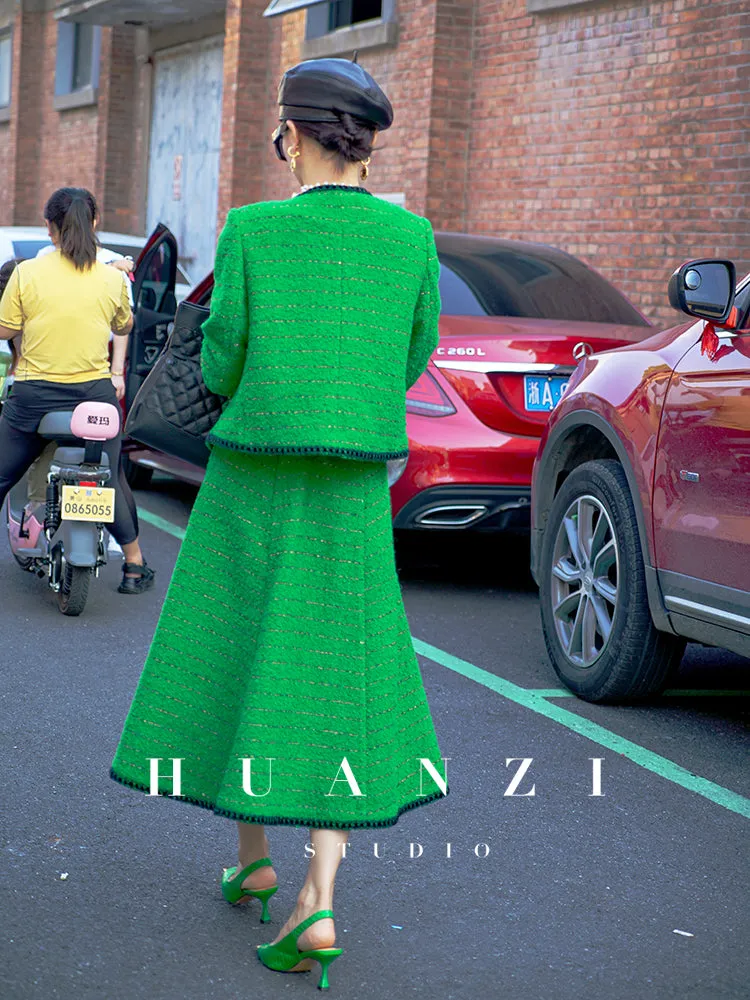 Huanzi  tweed wool small suit autumn and winter new green short coat suit set- Lilibeth