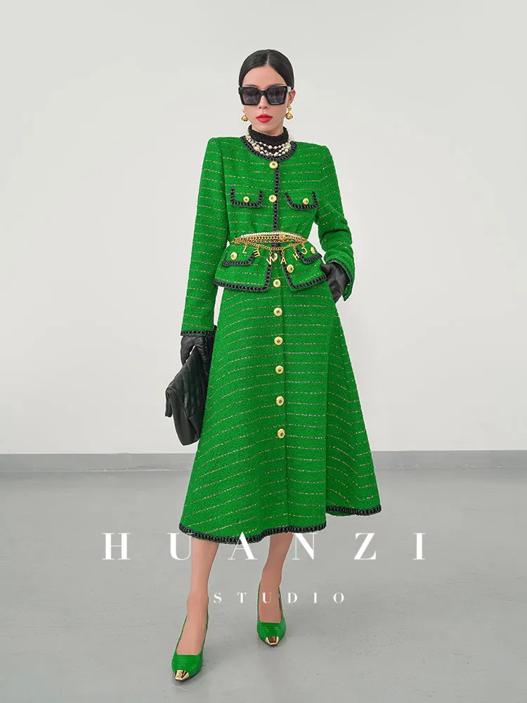 Huanzi  tweed wool small suit autumn and winter new green short coat suit set- Lilibeth