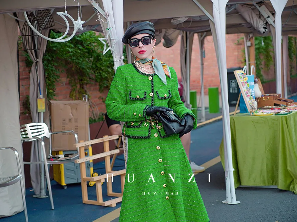 Huanzi  tweed wool small suit autumn and winter new green short coat suit set- Lilibeth