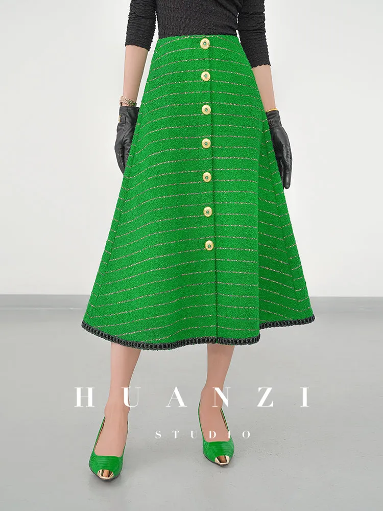 Huanzi  tweed wool small suit autumn and winter new green short coat suit set- Lilibeth