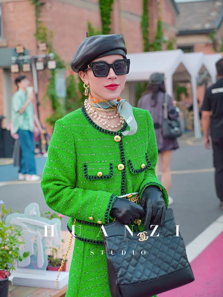 Huanzi  tweed wool small suit autumn and winter new green short coat suit set- Lilibeth