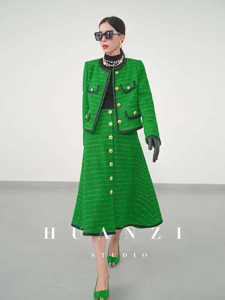 Huanzi  tweed wool small suit autumn and winter new green short coat suit set- Lilibeth