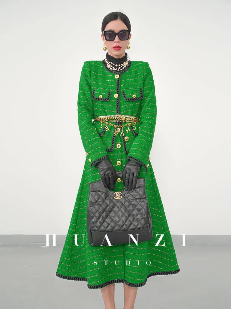 Huanzi  tweed wool small suit autumn and winter new green short coat suit set- Lilibeth