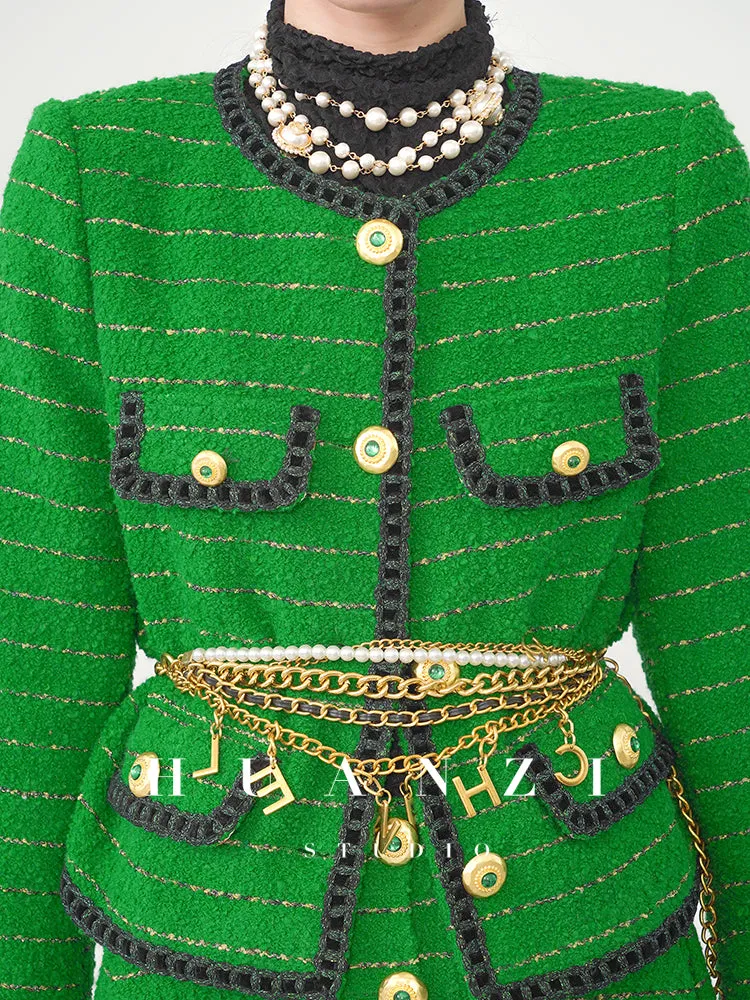 Huanzi  tweed wool small suit autumn and winter new green short coat suit set- Lilibeth