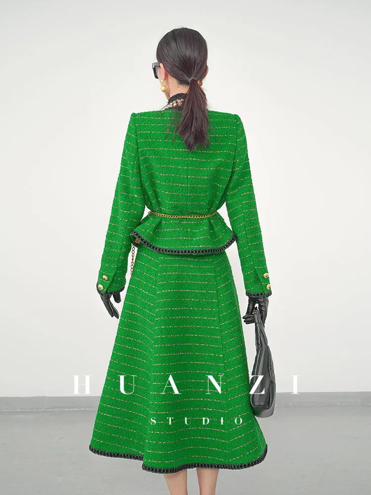 Huanzi  tweed wool small suit autumn and winter new green short coat suit set- Lilibeth