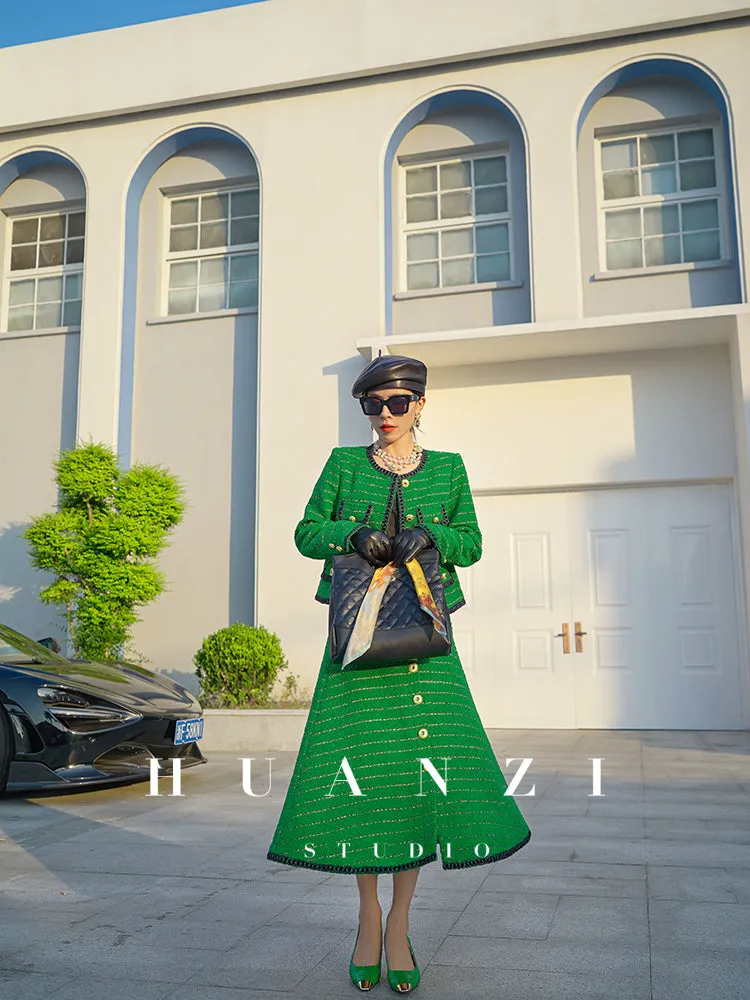 Huanzi  tweed wool small suit autumn and winter new green short coat suit set- Lilibeth