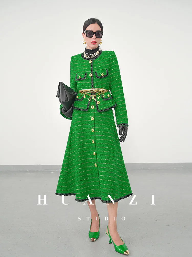 Huanzi  tweed wool small suit autumn and winter new green short coat suit set- Lilibeth