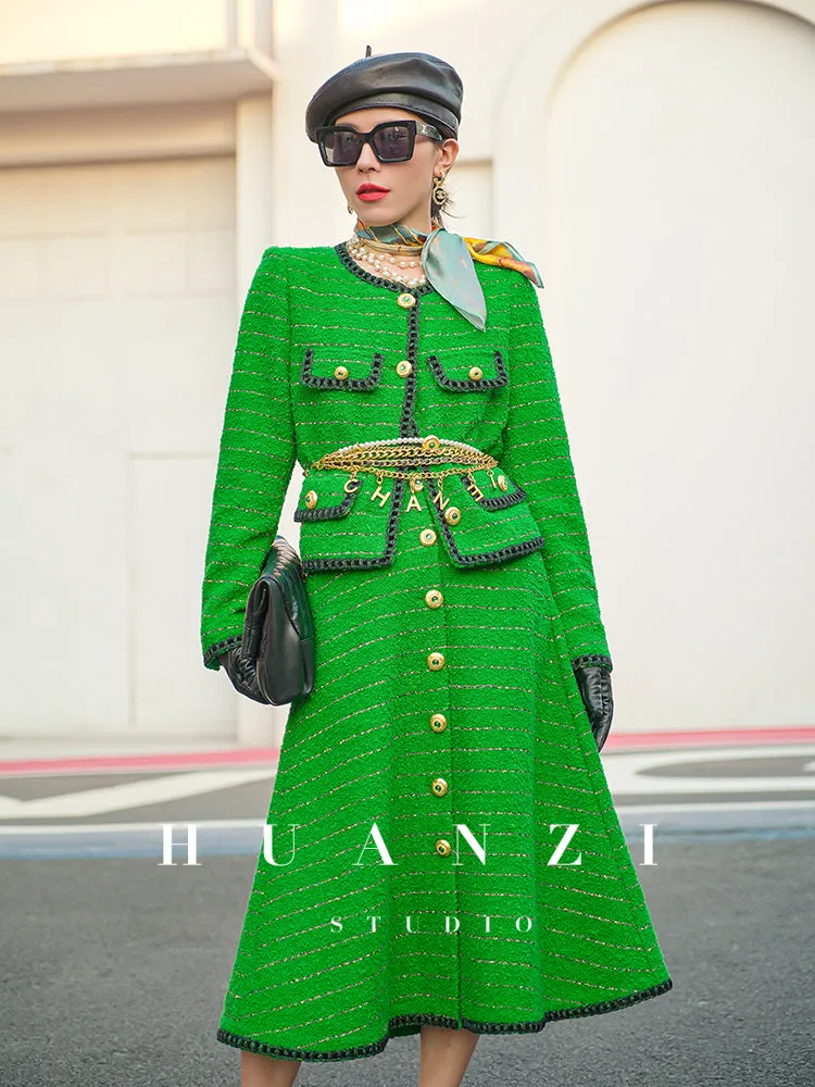 Huanzi  tweed wool small suit autumn and winter new green short coat suit set- Lilibeth