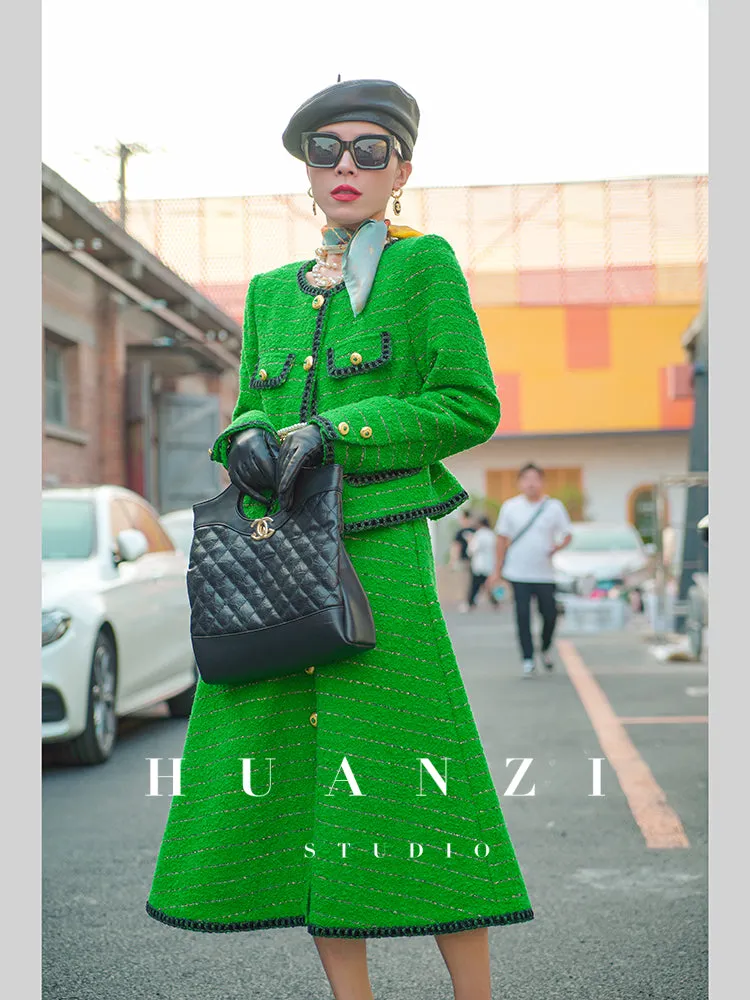 Huanzi  tweed wool small suit autumn and winter new green short coat suit set- Lilibeth