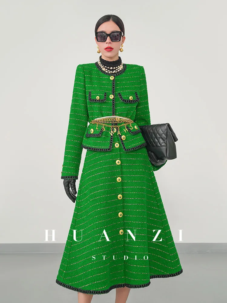Huanzi  tweed wool small suit autumn and winter new green short coat suit set- Lilibeth