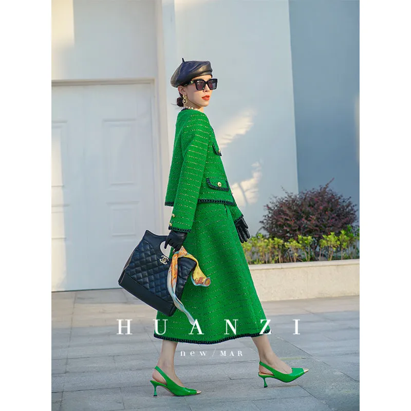 Huanzi  tweed wool small suit autumn and winter new green short coat suit set- Lilibeth
