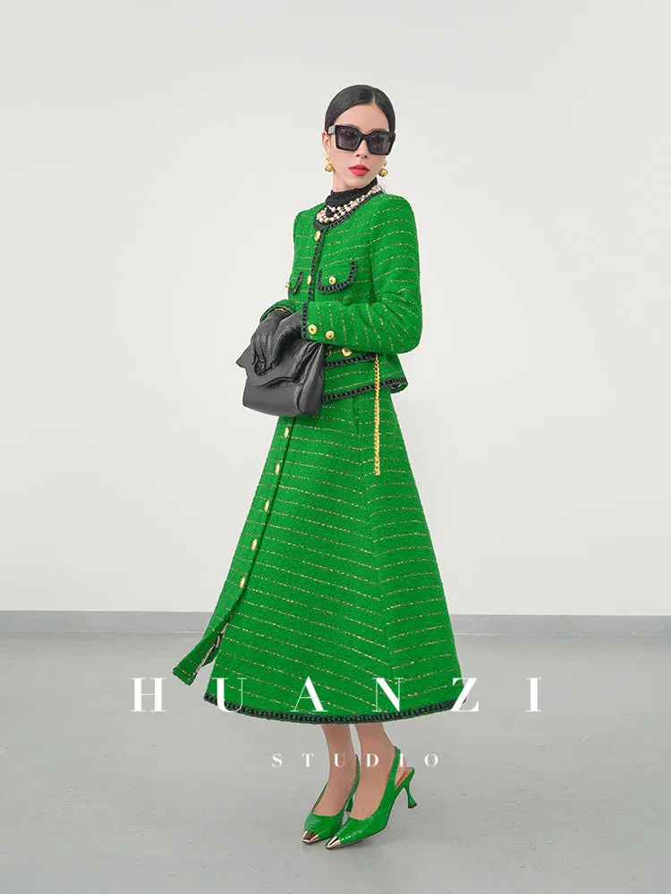 Huanzi  tweed wool small suit autumn and winter new green short coat suit set- Lilibeth