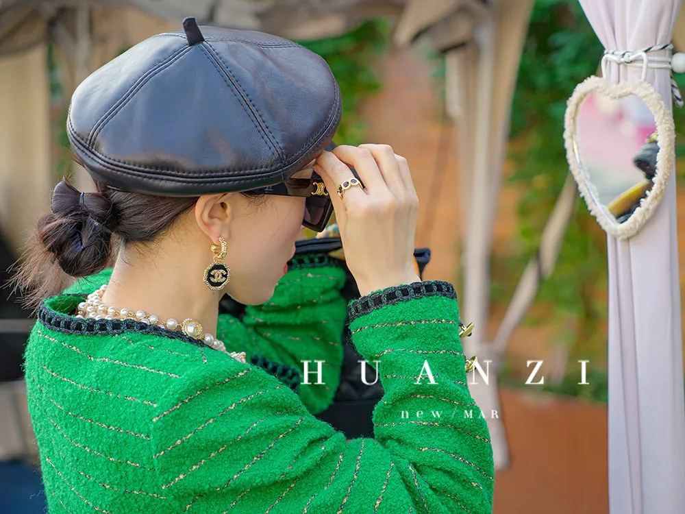 Huanzi  tweed wool small suit autumn and winter new green short coat suit set- Lilibeth