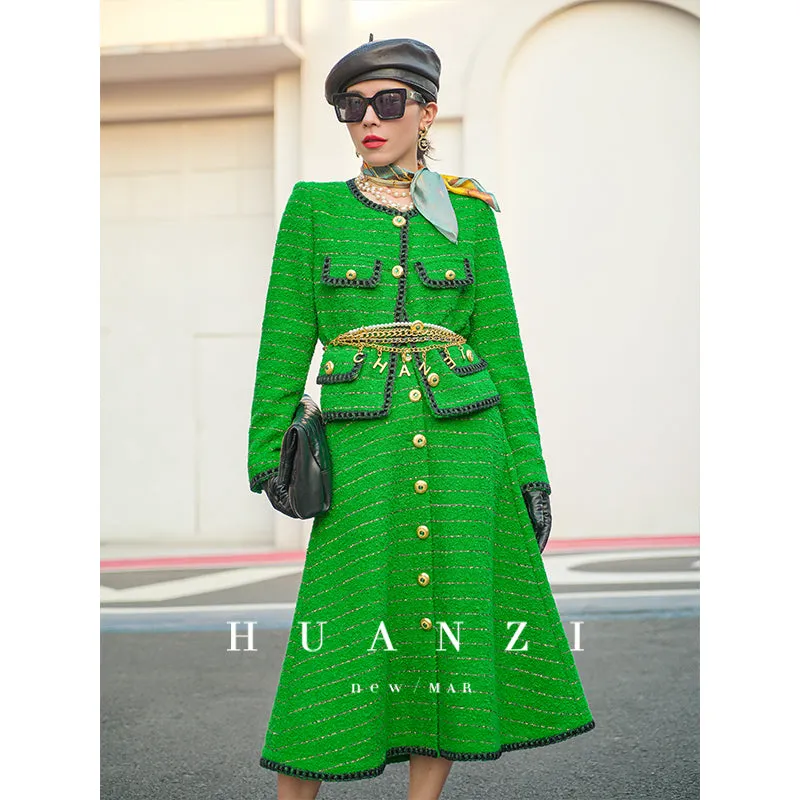 Huanzi  tweed wool small suit autumn and winter new green short coat suit set- Lilibeth