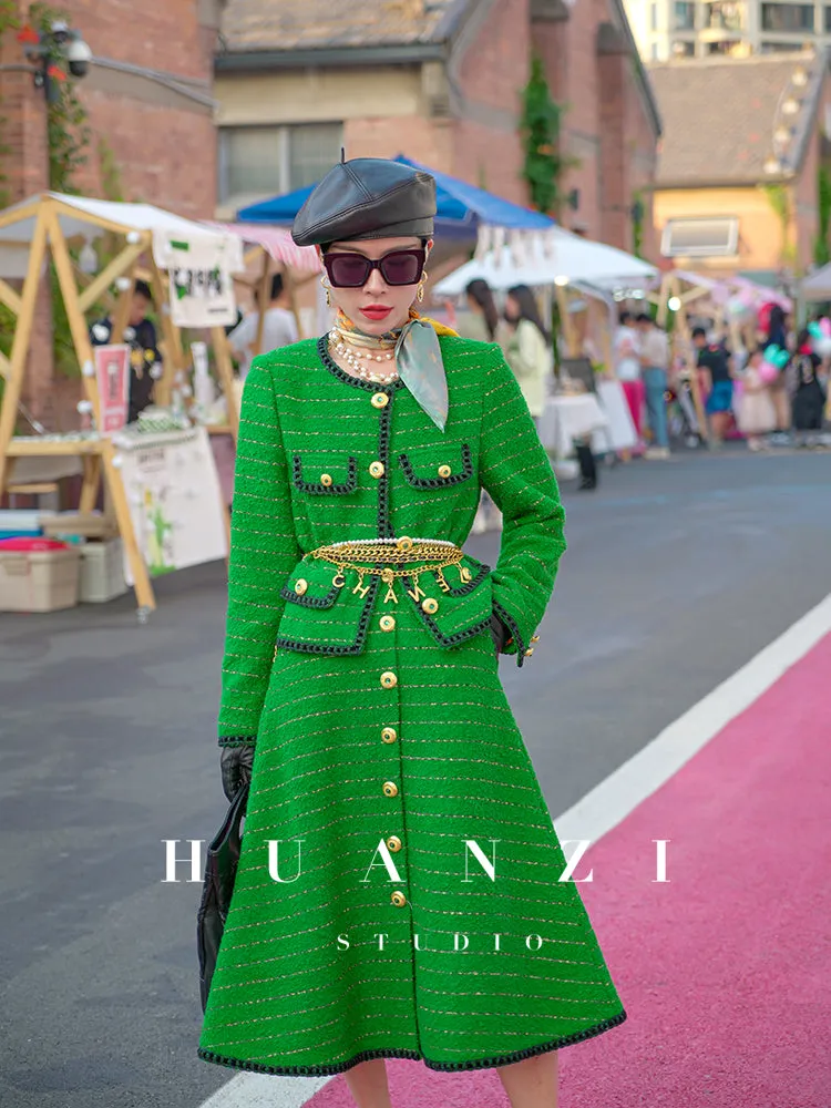Huanzi  tweed wool small suit autumn and winter new green short coat suit set- Lilibeth