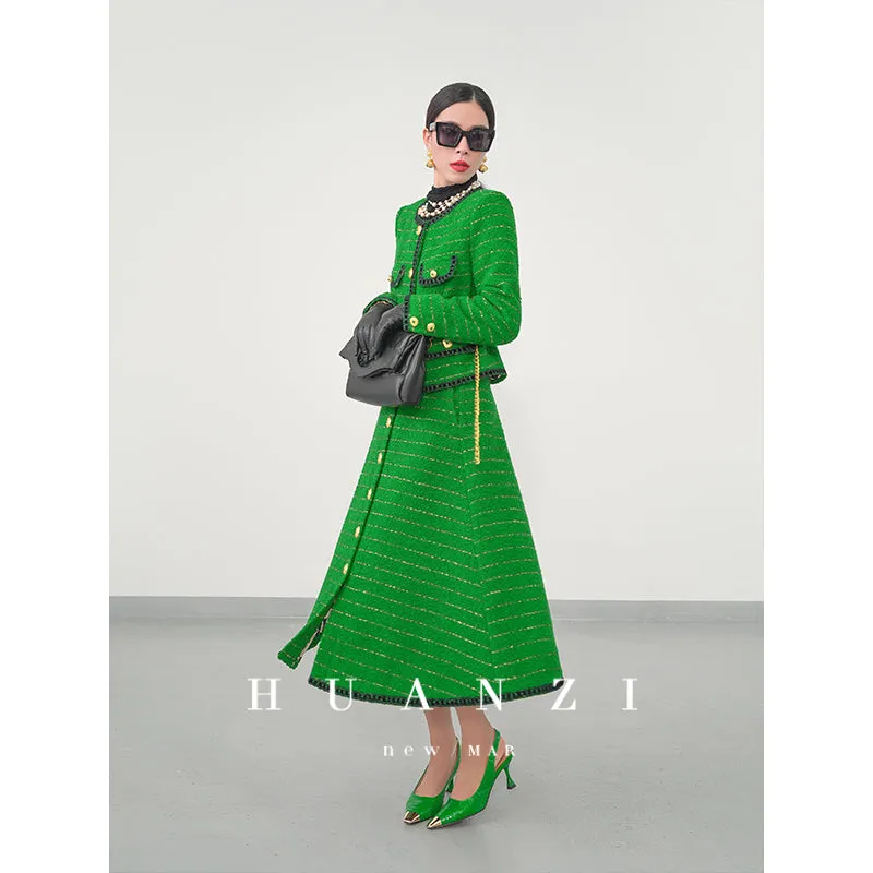 Huanzi  tweed wool small suit autumn and winter new green short coat suit set- Lilibeth