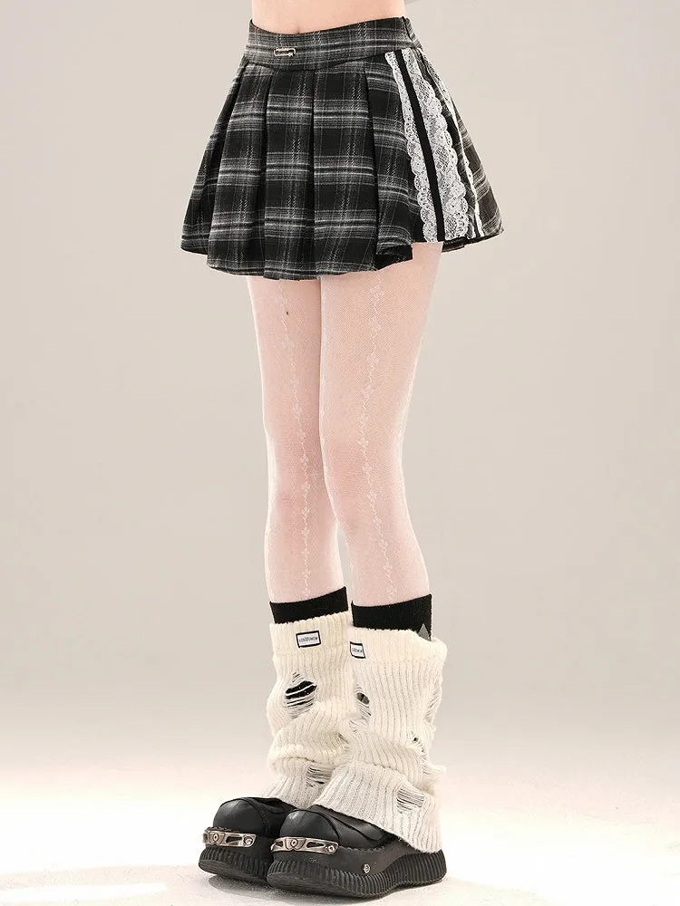 Lace Mini Skirt Accents Pleat Box Plaid Black