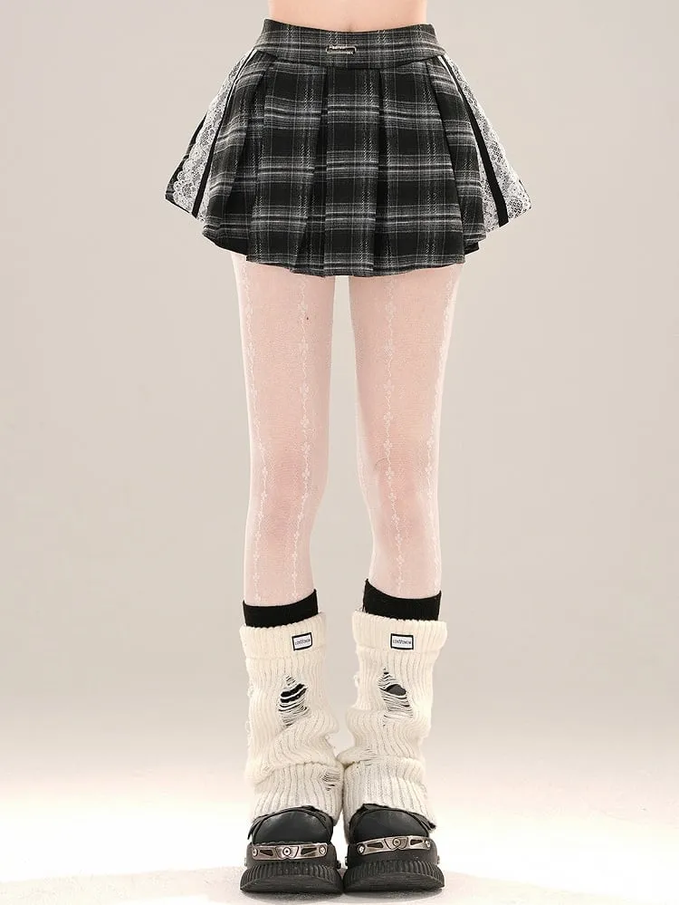 Lace Mini Skirt Accents Pleat Box Plaid Black