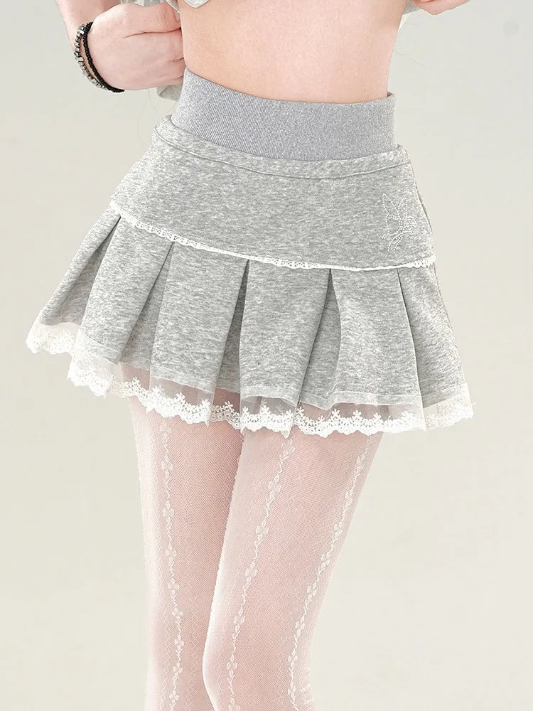 Lace Skirt Mini Box Grey Trim Pleat