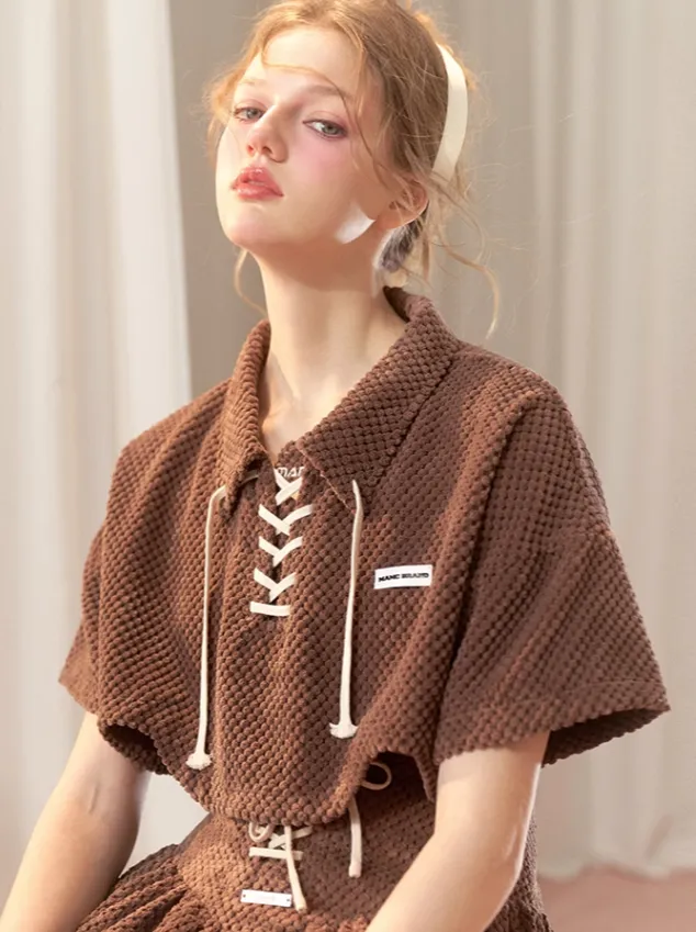 Lace-up Short Top   Flared Skirt   Lace-up Over Polo T-shirt