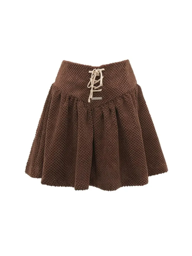 Lace-up Short Top   Flared Skirt   Lace-up Over Polo T-shirt