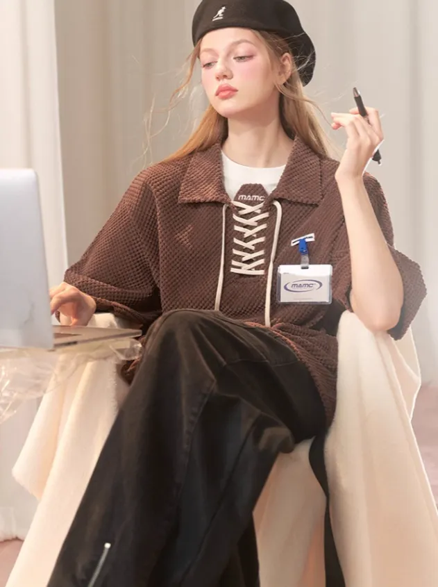 Lace-up Short Top   Flared Skirt   Lace-up Over Polo T-shirt