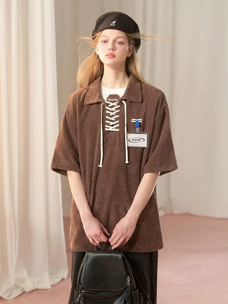Lace-up Short Top   Flared Skirt   Lace-up Over Polo T-shirt