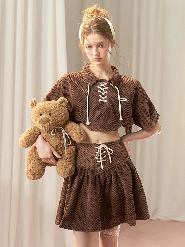 Lace-up Short Top   Flared Skirt   Lace-up Over Polo T-shirt