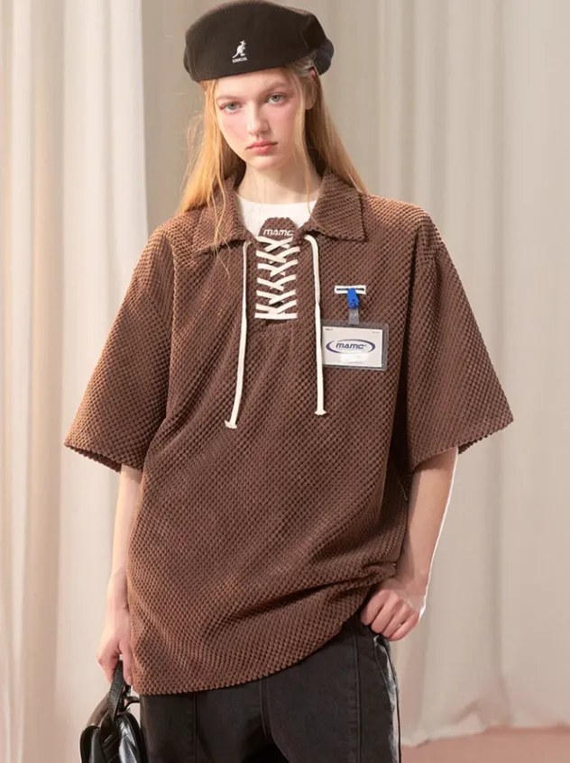 Lace-up Short Top   Flared Skirt   Lace-up Over Polo T-shirt