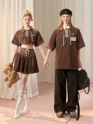 Lace-up Short Top   Flared Skirt   Lace-up Over Polo T-shirt
