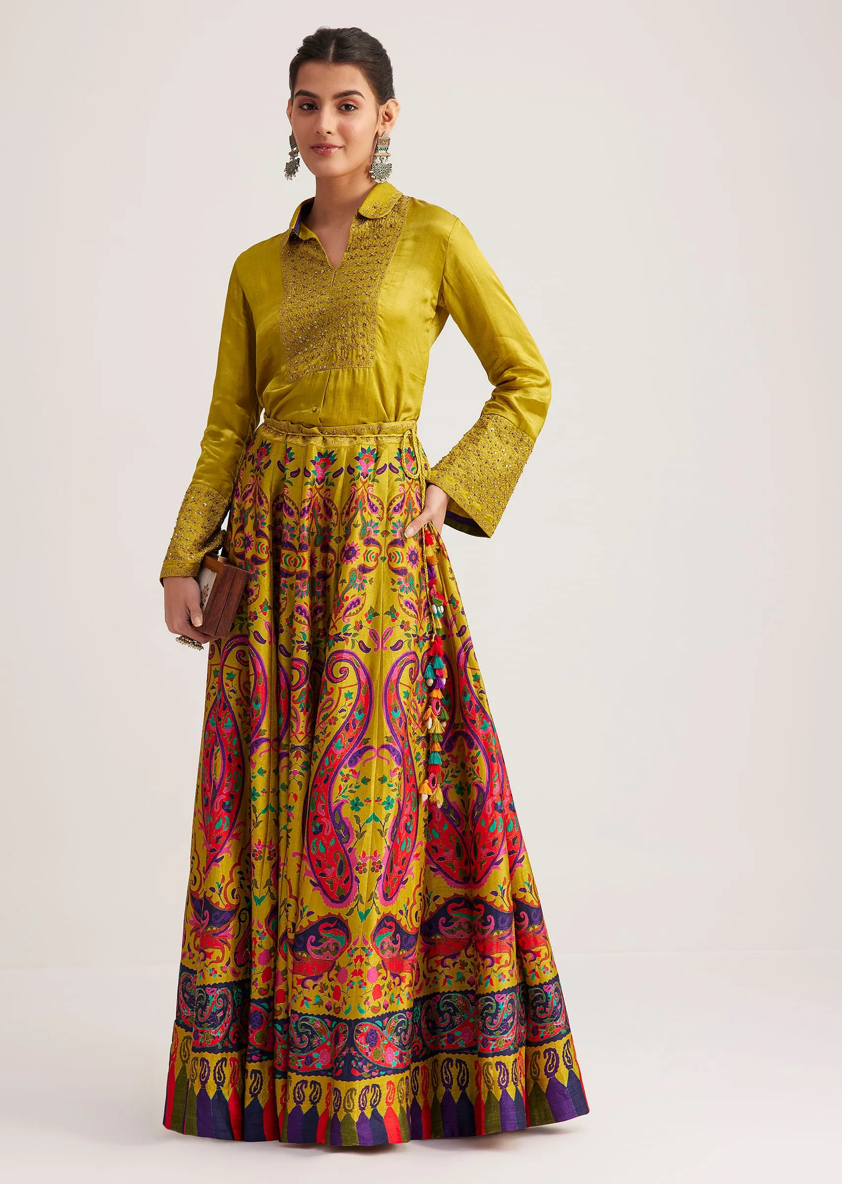 Mustard Yellow Silk Skirt Set With Zari Work