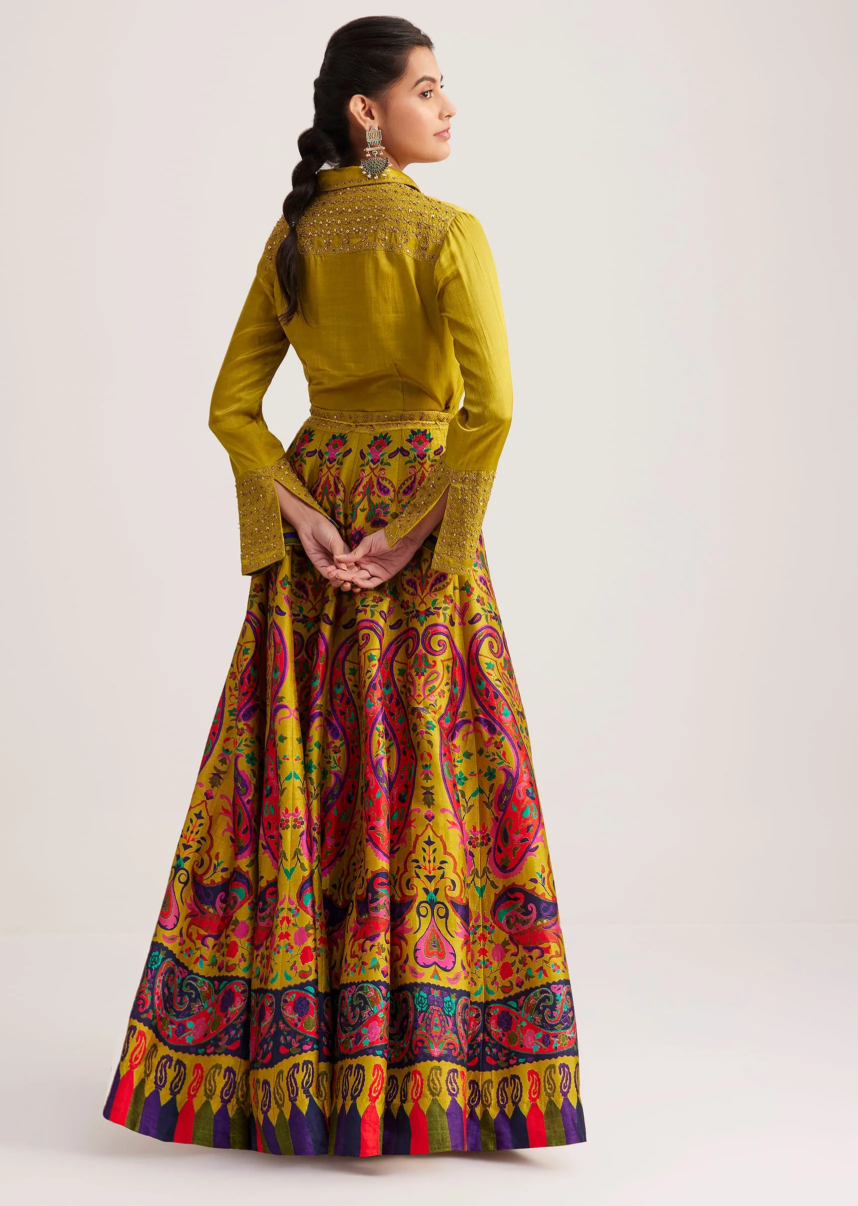 Mustard Yellow Silk Skirt Set With Zari Work