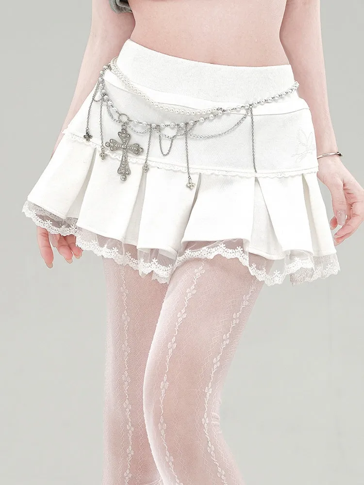 Pleat Mini Lace Apricot Box Skirt Trim