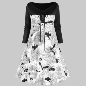Pumpkin Bat Spider Web Print Lace-Up Long Sleeve Dress