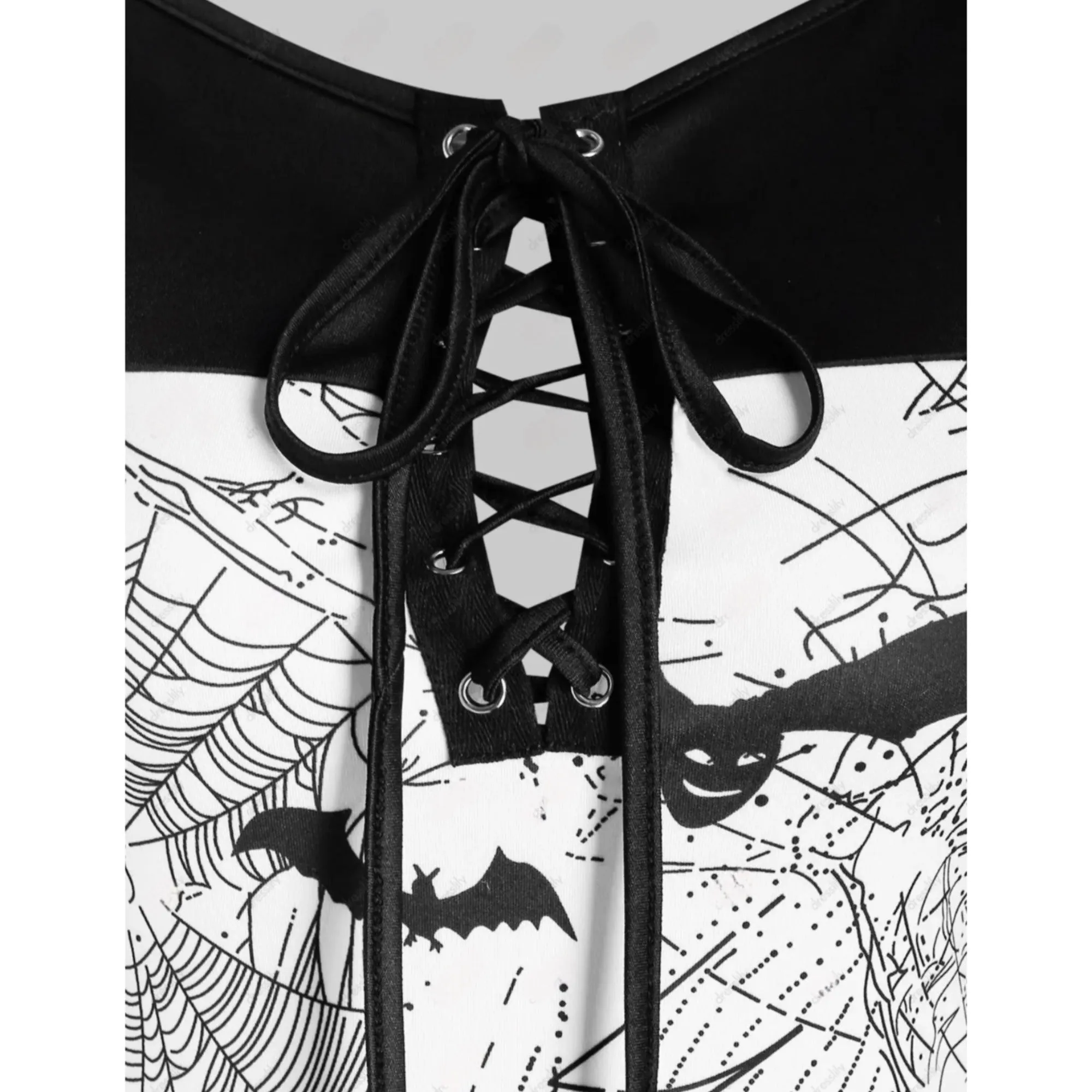Pumpkin Bat Spider Web Print Lace-Up Long Sleeve Dress