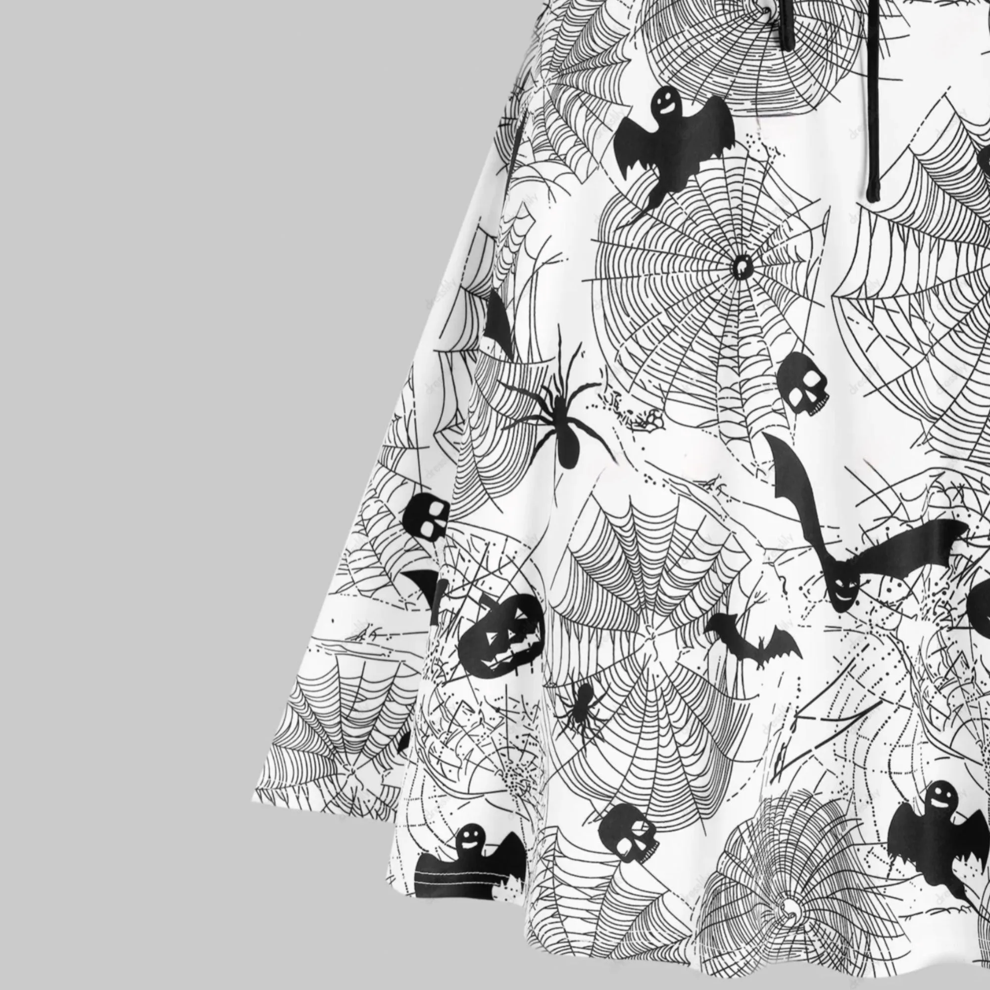 Pumpkin Bat Spider Web Print Lace-Up Long Sleeve Dress