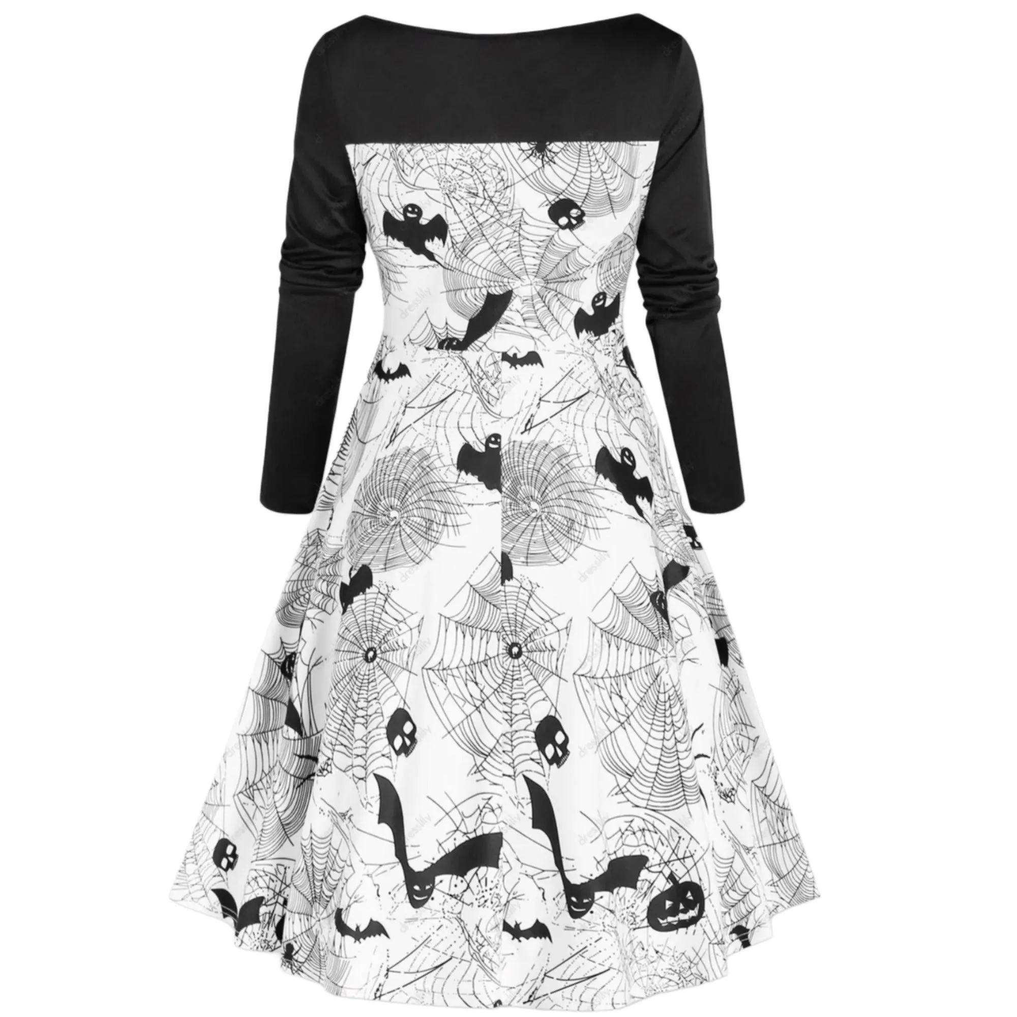 Pumpkin Bat Spider Web Print Lace-Up Long Sleeve Dress