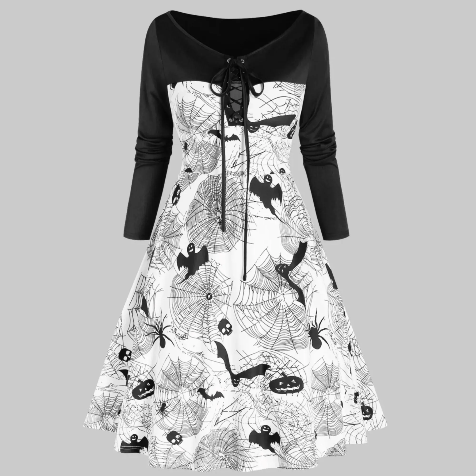 Pumpkin Bat Spider Web Print Lace-Up Long Sleeve Dress