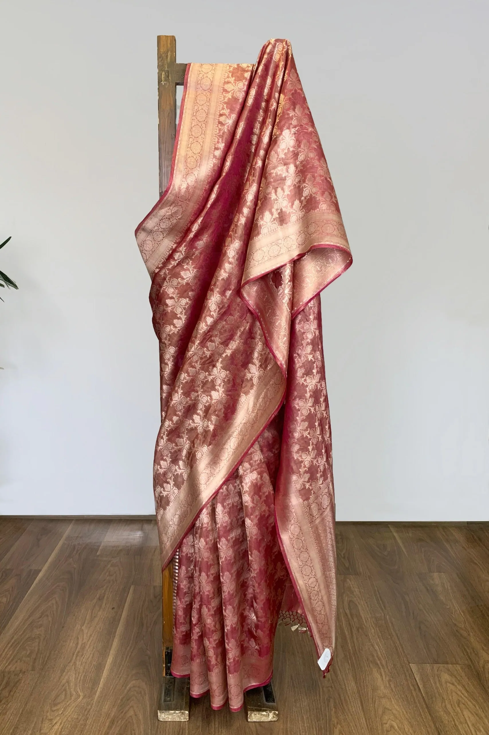 Red silk sari with jal design