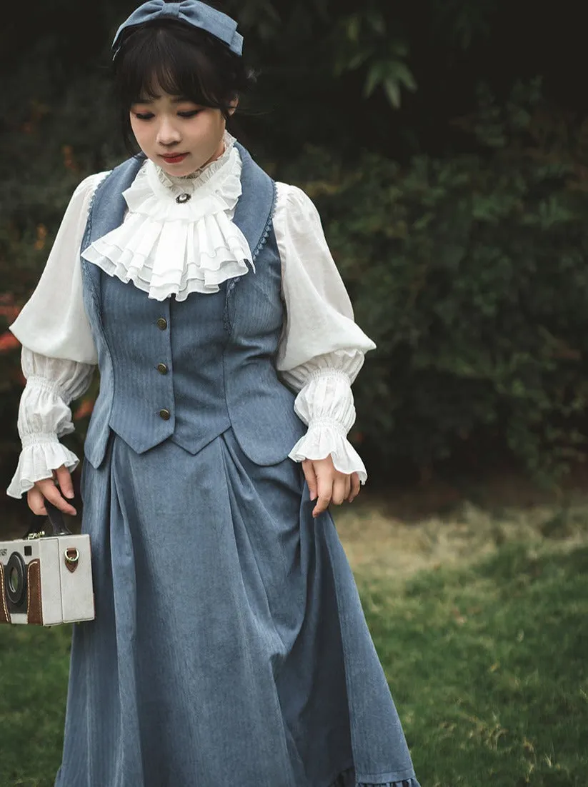 Vest Retro Colored Classical   Long Flared Blouse Skirt