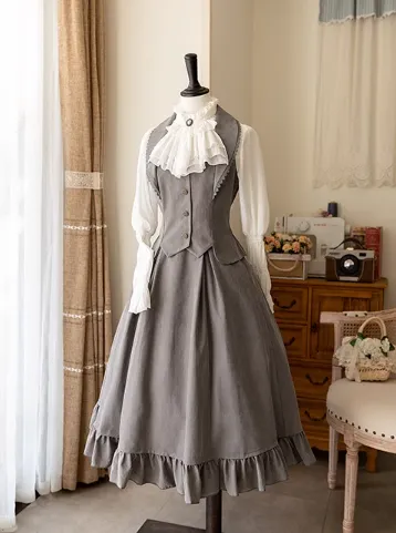 Vest Retro Colored Classical   Long Flared Blouse Skirt