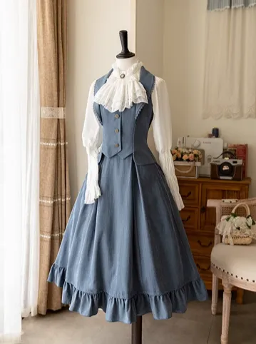 Vest Retro Colored Classical   Long Flared Blouse Skirt