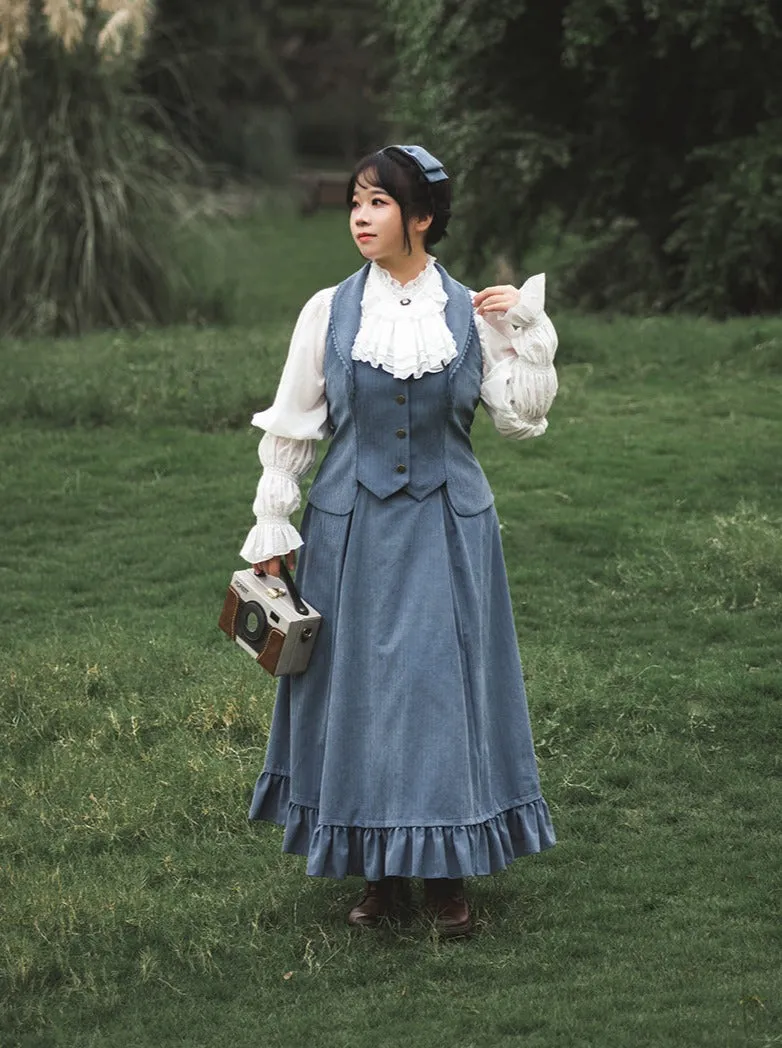 Vest Retro Colored Classical   Long Flared Blouse Skirt