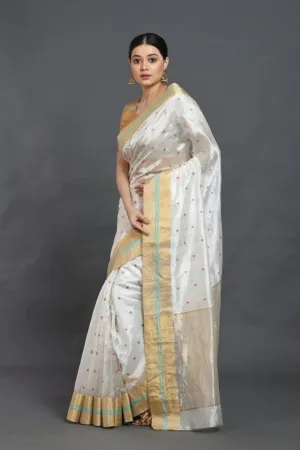 White silk saree with red buties