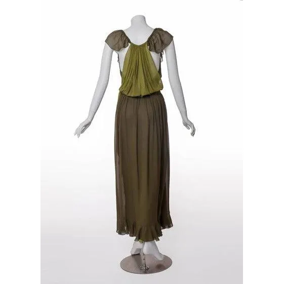 YVES SAINT LAURENT Vintage Green Silk Chiffon Ruffled Goddess Evening Gown