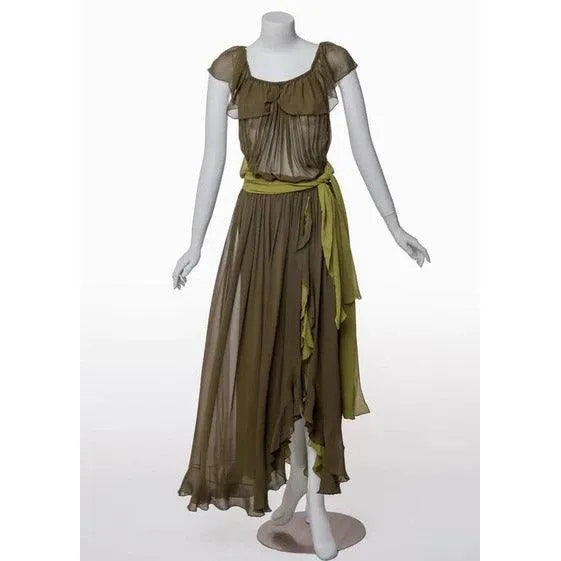 YVES SAINT LAURENT Vintage Green Silk Chiffon Ruffled Goddess Evening Gown
