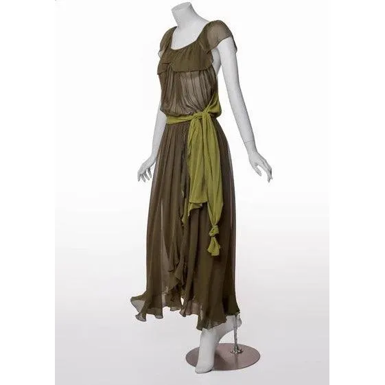YVES SAINT LAURENT Vintage Green Silk Chiffon Ruffled Goddess Evening Gown