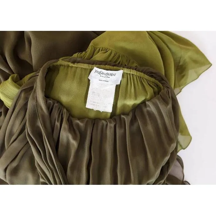 YVES SAINT LAURENT Vintage Green Silk Chiffon Ruffled Goddess Evening Gown