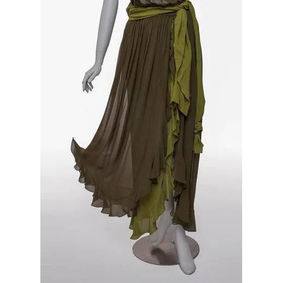 YVES SAINT LAURENT Vintage Green Silk Chiffon Ruffled Goddess Evening Gown